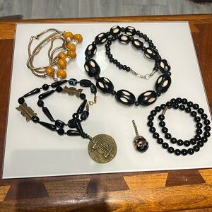 Vintage mix jewelry lot Bakelite plastic glass bead necklace black wedding cake